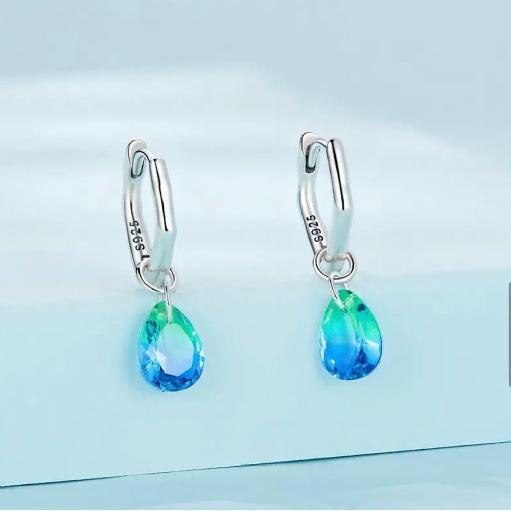 S925 Zircon Faceted Blue-Green Water-Drop Earrings